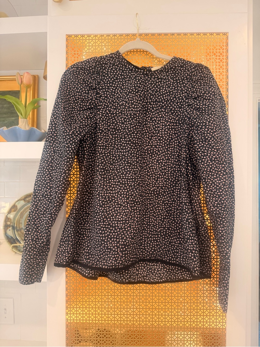 Tish Cox Medium Black Long-Sleeve pink micro Floral print! EUC! 100% cotton